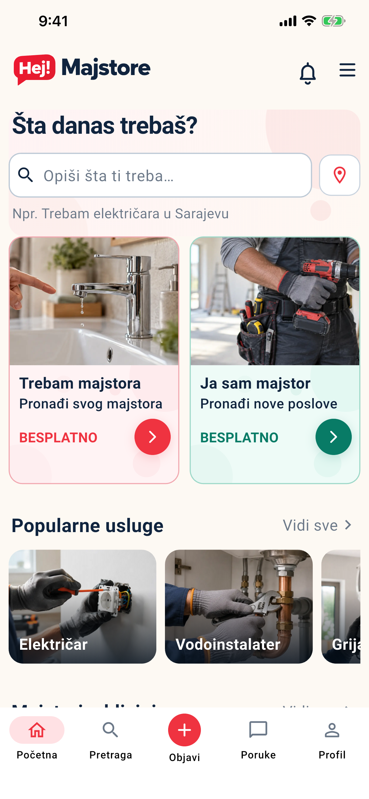 Stvarna početna stranica Hej Majstore aplikacije: pretraga, Trebam majstora, Ja sam majstor i popularne usluge.